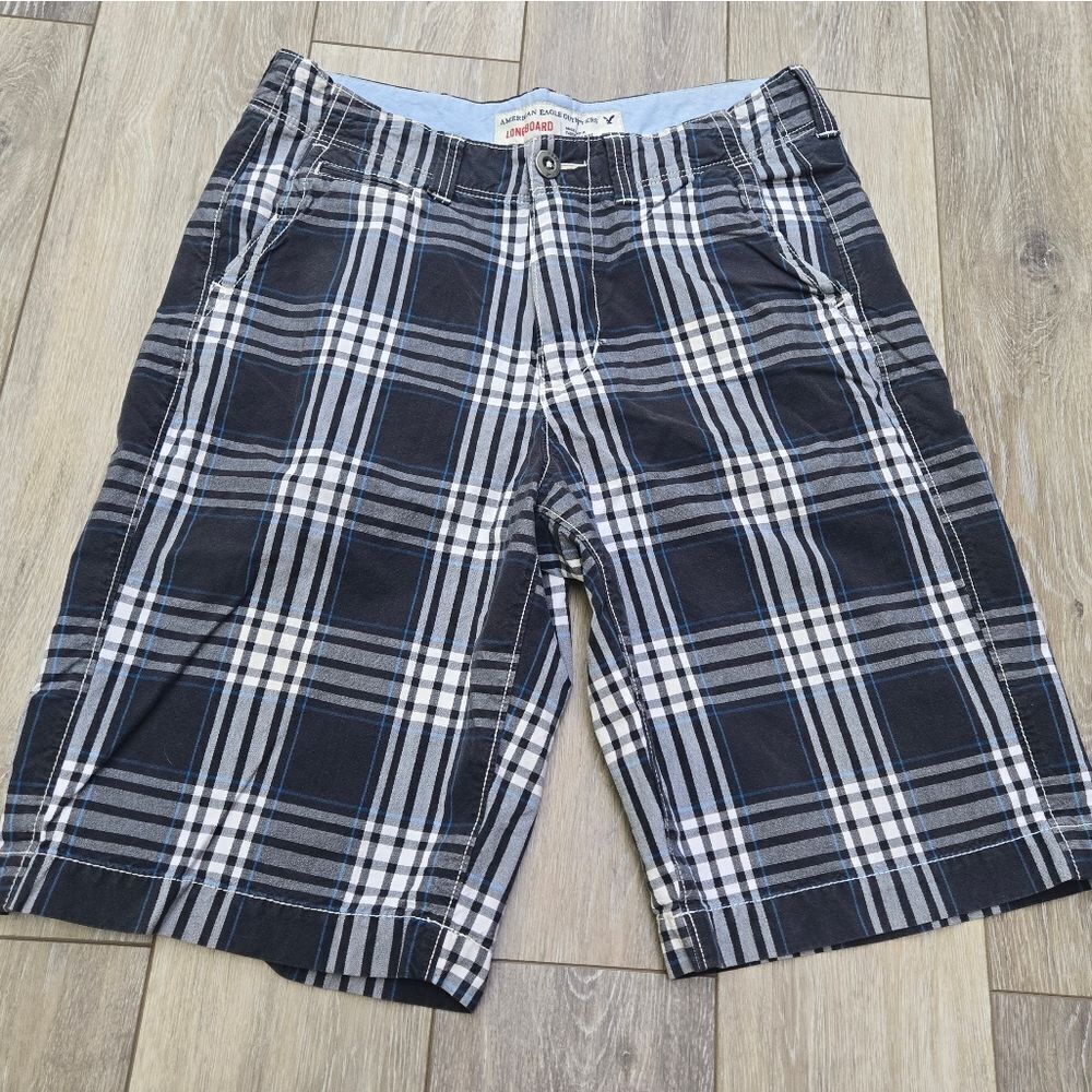 American Eagle Longboard Plaid Burmuda Shorts Navy Blue And White, Cotton Sz 30